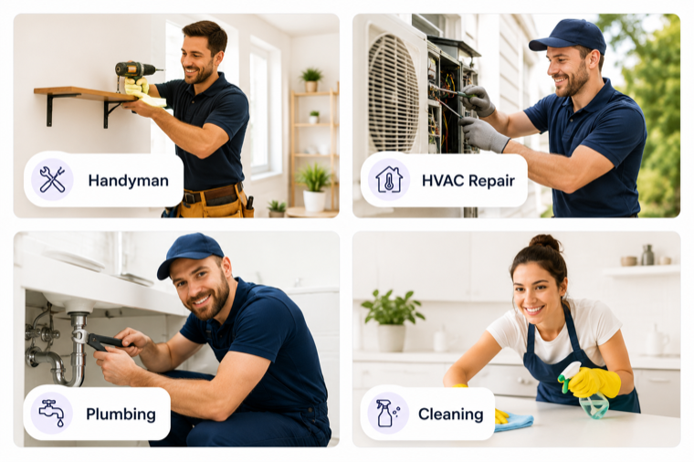 Home service pros — handyman, HVAC repair, plumbing, and cleaning