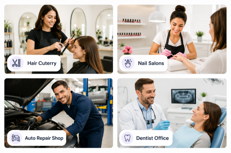 Local businesses served — hair salon, nail salon, auto repair shop, and dentist office