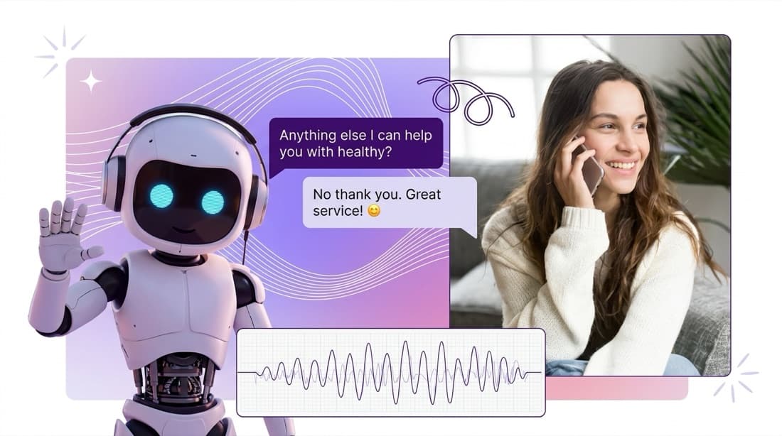 AI voice agent robot waving next to a smiling customer on a phone call, with chat replies and a call waveform